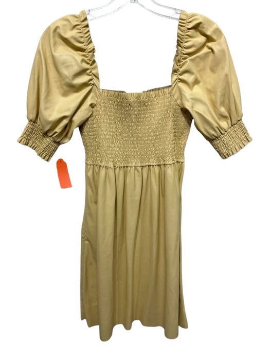 7 For All Mankind Size S Beige PU Leather Short Puff Sleeve Smocked Bodice Dress Beige / S