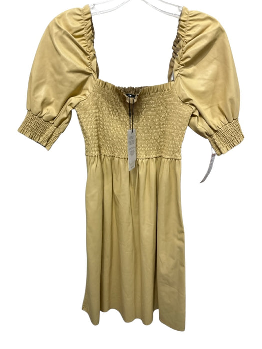 7 For All Mankind Size S Beige PU Leather Short Puff Sleeve Smocked Bodice Dress Beige / S