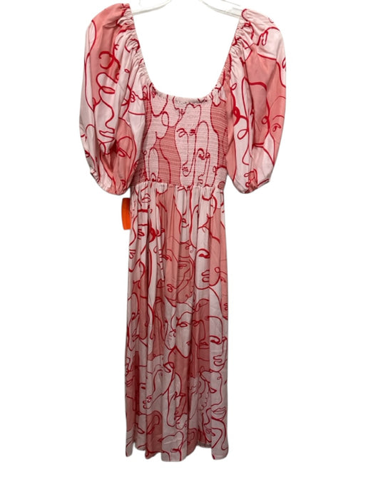 La Ligne Size S Pink & Red Silk Scribble Face Print Short Puff Sleeve Midi Dress Pink & Red / S