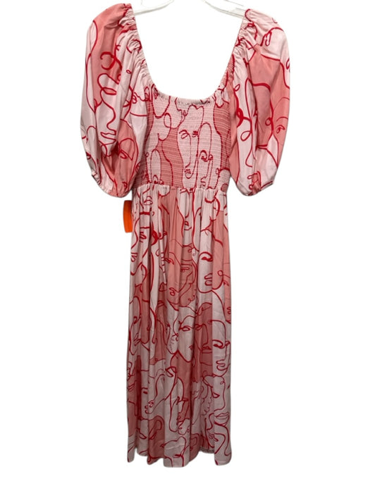 La Ligne Size S Pink & Red Silk Scribble Face Print Short Puff Sleeve Midi Dress Pink & Red / S