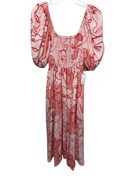 La Ligne Size S Pink & Red Silk Scribble Face Print Short Puff Sleeve Midi Dress Pink & Red / S