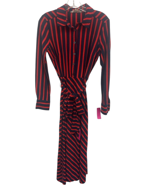 Boden Size 4L Navy Blue & Red Tencel Blend Striped Long Sleeve 1/2 Button Dress Navy Blue & Red / 4L