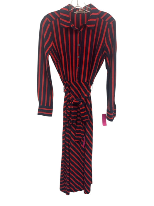 Boden Size 4L Navy Blue & Red Tencel Blend Striped Long Sleeve 1/2 Button Dress Navy Blue & Red / 4L