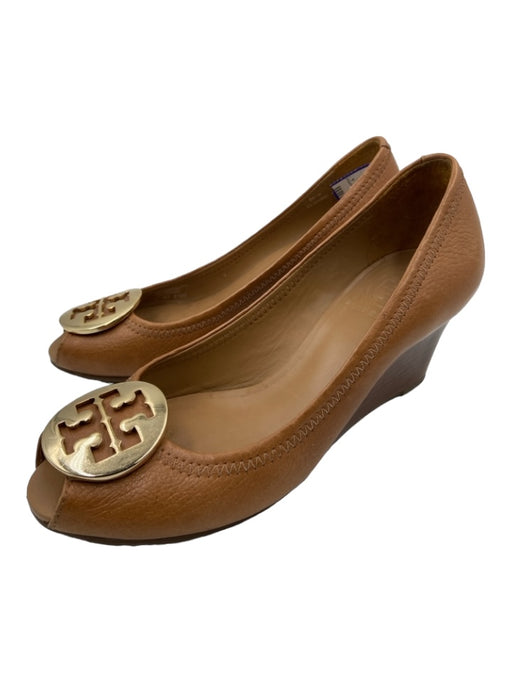 Tory Burch Shoe Size 6.5 Brown Leather Pointed Gold Logo Stacked Base Wedges Brown / 6.5
