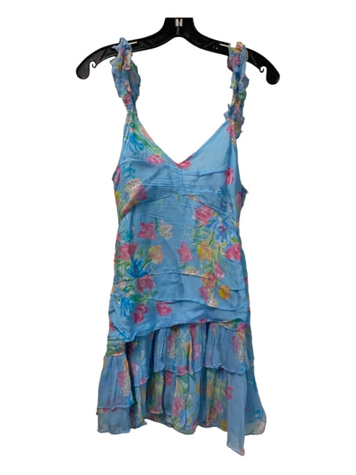 Love Shack Fancy Size 0 Blue & Multi Viscose Tiered Floral Side Zip Dress Blue & Multi / 0