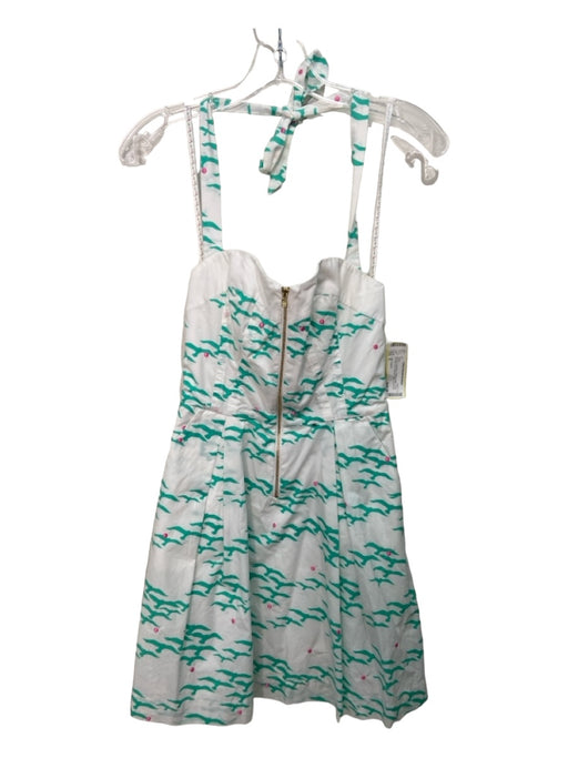 Lilly Pulitzer Size 0 White & Teal Blue Cotton Halter Front Zip Bird Print Dress White & Teal Blue / 0