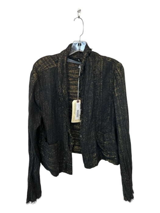 Raquel Allegra Size 1/S Black & Gold Linen Blend Metallic Open Front Jacket Black & Gold / 1/S