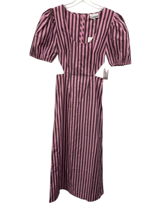 Ganni Size 32 purple & pink Cotton Short Puff Sleeve Striped Cut Out Maxi Dress purple & pink / 32