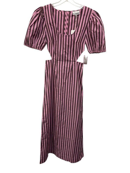Ganni Size 32 purple & pink Cotton Short Puff Sleeve Striped Cut Out Maxi Dress purple & pink / 32