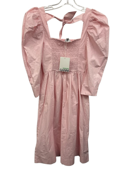 Ganni Size 34 Pink Cotton Long puff sleeve smocked Gathered Below knee Dress Pink / 34