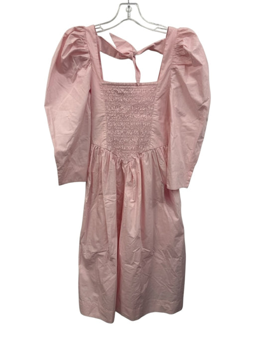 Ganni Size 34 Pink Cotton Long puff sleeve smocked Gathered Below knee Dress Pink / 34