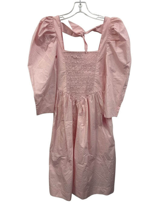 Ganni Size 34 Pink Cotton Long puff sleeve smocked Gathered Below knee Dress Pink / 34