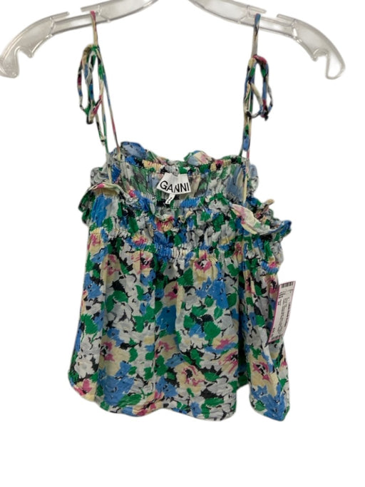 Ganni Size 34 Blue, Green, Yellow Cotton Spaghetti Strap Floral Short Set Blue, Green, Yellow / 34