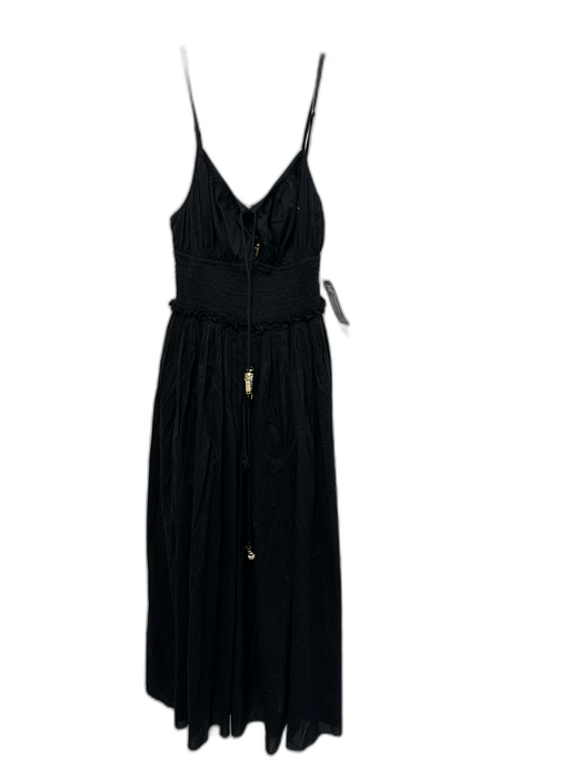 Maje Size 36 Black Cotton Spaghetti Strap Shirred Waist Tie Neck Dress Black / 36