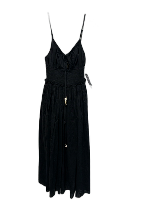 Maje Size 36 Black Cotton Spaghetti Strap Shirred Waist Tie Neck Dress Black / 36