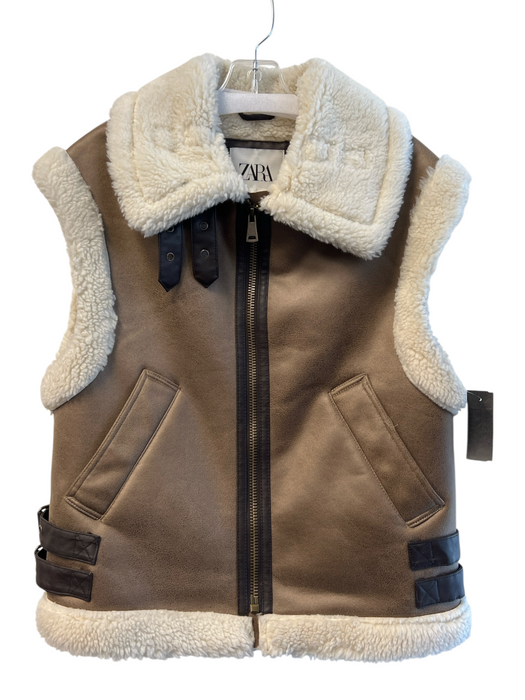 Zara Size XS Brown & Cream Polyester Blend Front Zip Faux Fur Pockets Vest Brown & Cream / XS