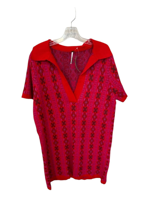 Free People Size XL Red & Purple Acrylic Blend Collar Knit Short Sleeve Dress Red & Purple / XL