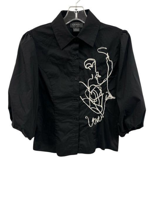 Gracia Size S Black & White Polyester 3D Applique Half Sleeve Button up Top Black & White / S
