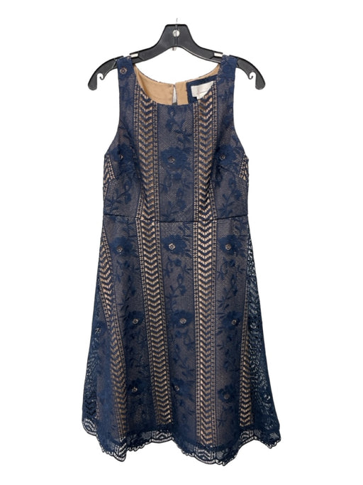 By Anthropologie Size 6 navy blue & tan Polyester Scoop Neck Back Keyhole Dress navy blue & tan / 6