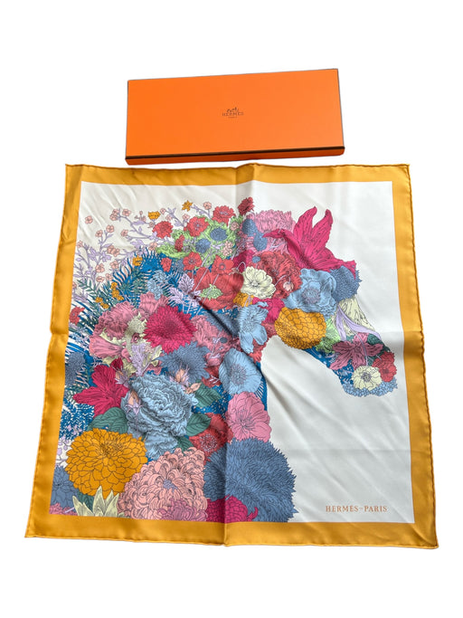 Hermes White Orange Pink No Fabric Tag Square Floral Print Hankerchief scarf White Orange Pink / S