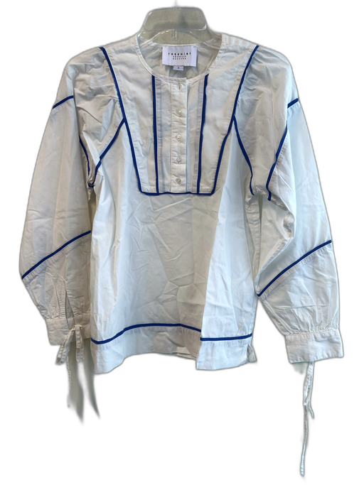The Shirt Rochelle Behrens Size Small White & Blue Cotton Round Neck Piping Top White & Blue / Small