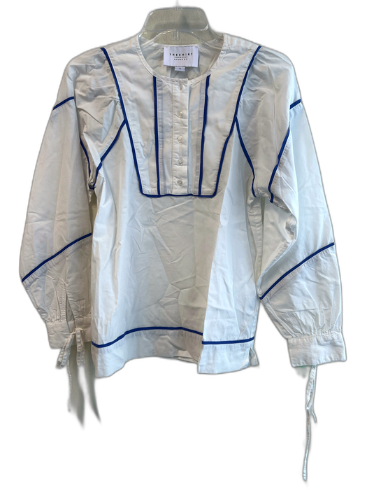 The Shirt Rochelle Behrens Size Small White & Blue Cotton Round Neck Piping Top White & Blue / Small
