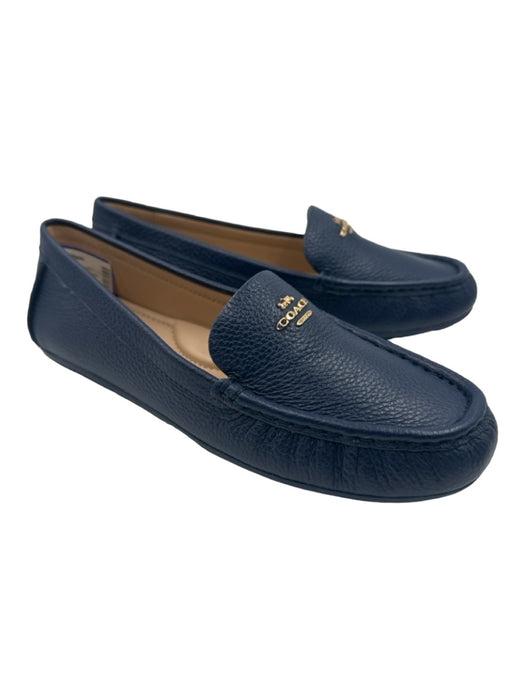 Coach Shoe Size 6.5 Navy Leather Square Toe Slip On Gold Logo Loafers Navy / 6.5