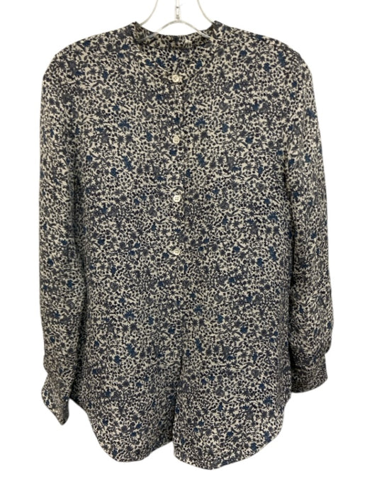 Theory Size S White, Blue, Gray Silk Collarless Floral Long Sleeve Top White, Blue, Gray / S