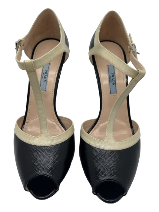 Prada Shoe Size 39 Black & Cream Patent T Strap Peep Toe Silver Buckles Pumps Black & Cream / 39