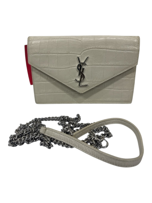 Yves Saint Laurent Cream Crocodile Leather Button Close Silver Hardware Logo Bag Cream / S