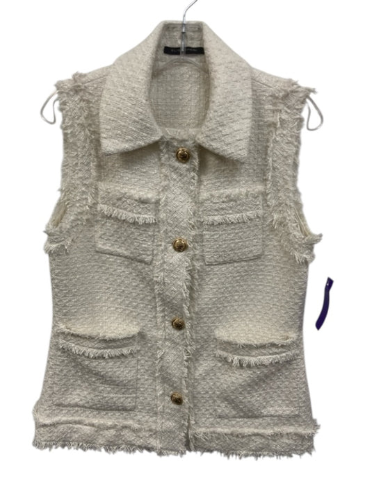 Elie Tahari Size S White Polyester Tweed Fringe Buttons Vest Jacket White / S