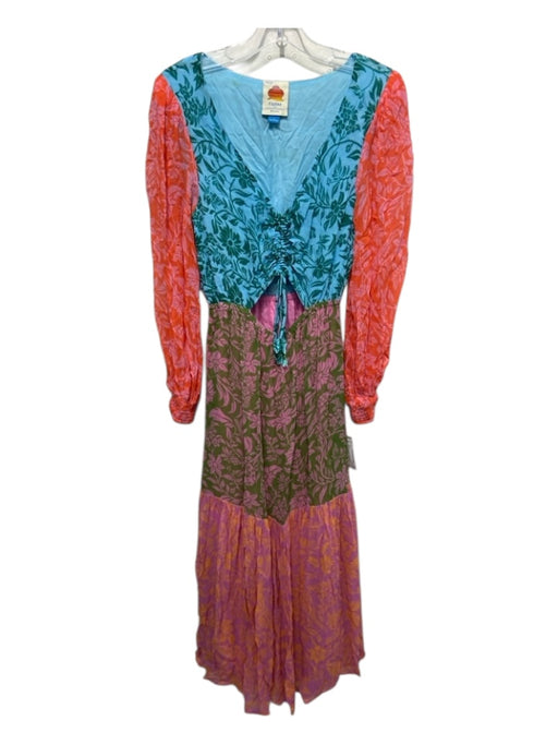 Farm Rio Size S Pink, Orange, Blue Viscose Long Sleeve color block Dress Pink, Orange, Blue / S