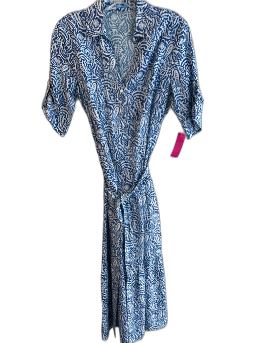 J. McLaughlin Size M Blue & White Silk Blend Half Sleeve Tie Waist Maxi Dress Blue & White / M