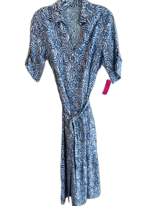 J. McLaughlin Size M Blue & White Silk Blend Half Sleeve Tie Waist Maxi Dress Blue & White / M