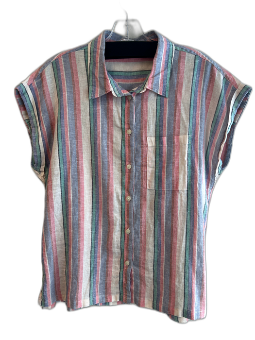 Orvis Size S Pink & Multi Linen Short Sleeve Striped Front Pocket Top Pink & Multi / S
