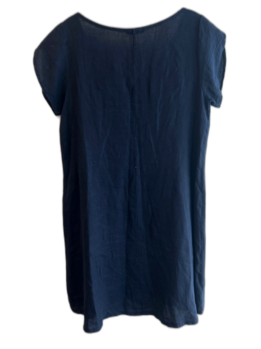Marina Gigli Size M Navy Linen Short Sleeve Gold Hardware Round Neck Dress Navy / M