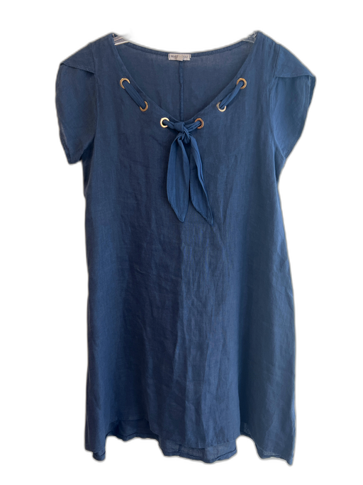 Marina Gigli Size M Navy Linen Short Sleeve Gold Hardware Round Neck Dress Navy / M