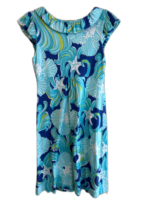 Lily Pulitzer Size S Blue & White Silk Short Sleeve Ocean Motif V Neck Dress Blue & White / S