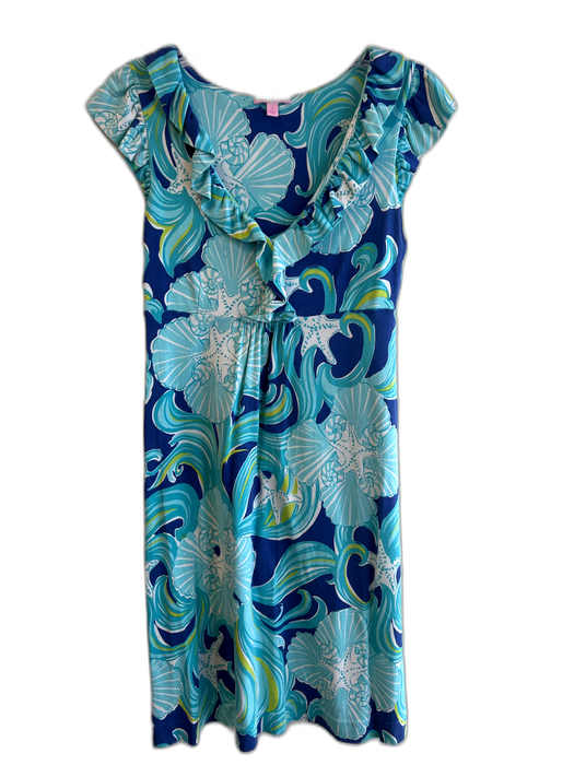 Lily Pulitzer Size S Blue & White Silk Short Sleeve Ocean Motif V Neck Dress Blue & White / S