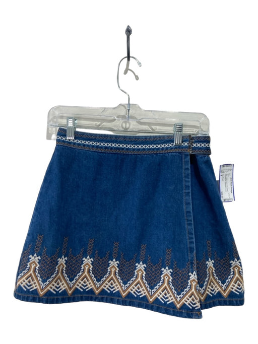 Free People Size 4 Blue Cotton Denim Mini Wrap Embroidered Skirt Blue / 4