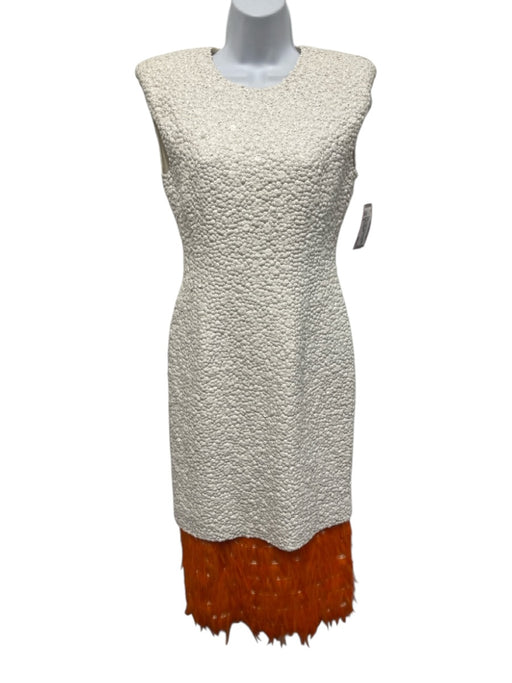 Dries Van Noten Size 36 White & Orange Viscose Fully Sequined Feather Hem Dress White & Orange / 36