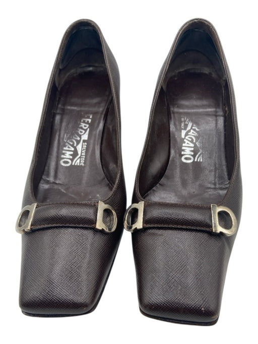 Salvatore Ferragamo Shoe Size 6 Brown Saffiano Leather Square Toe Buckle Pumps Brown / 6