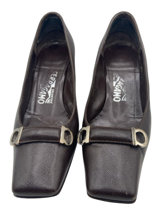 Salvatore Ferragamo Shoe Size 6 Brown Saffiano Leather Square Toe Buckle Pumps Brown / 6