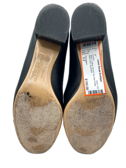 Ferragamo Shoe Size 5.5 Black Leather Round Toe Bow Detail Block Heel Pumps Black / 5.5