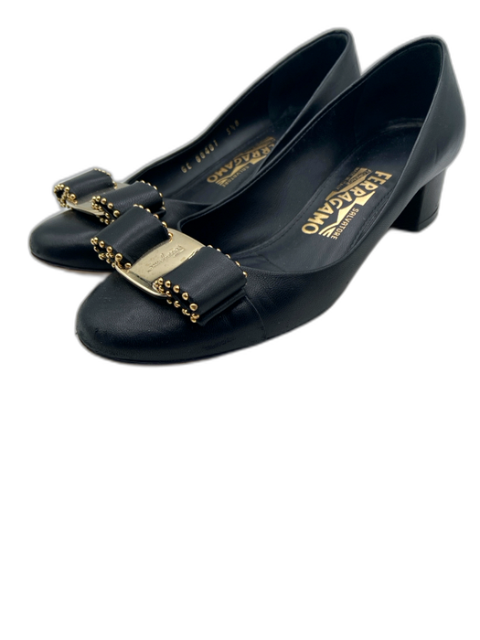 Ferragamo Shoe Size 5.5 Black Leather Round Toe Bow Detail Block Heel Pumps Black / 5.5