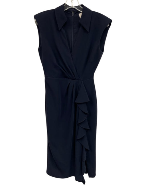 Cinq a Sept Size 0 Navy Wool Blend Sleeveless Collared Ruffle Dress Navy / 0
