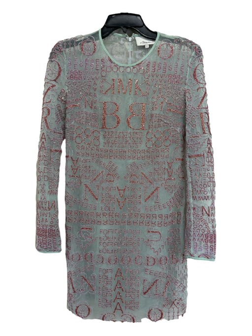 3.1 Phillip Lim Size 0 Aqua & Coral Mesh Glitter Long Sleeve Dress Aqua & Coral / 0