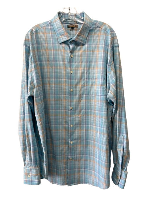 Peter Millar Size XL Light Blue & White Synthetic Plaid Men's Long Sleeve Shirt XL
