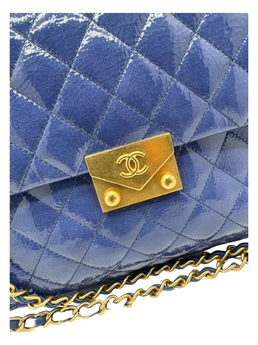 Chanel Blue Patent Leather Quilted Gold Hardware Chain Bag Blue / Large