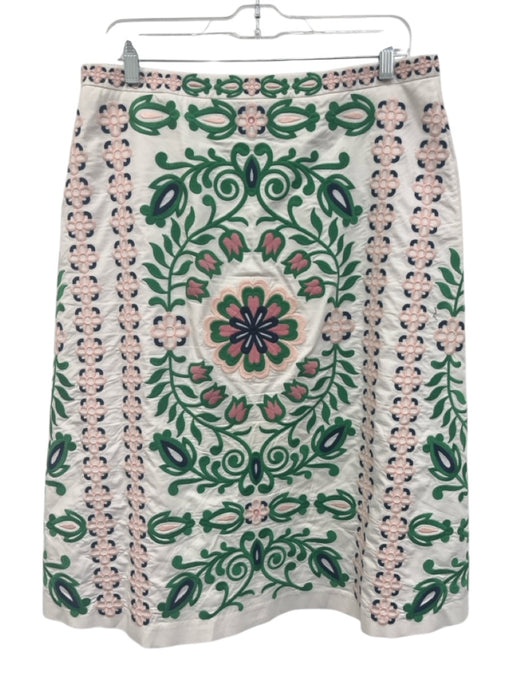 Tory Burch Size 10 White, Green, Pink Cotton Blend Embroidered Side Zip Skirt White, Green, Pink / 10